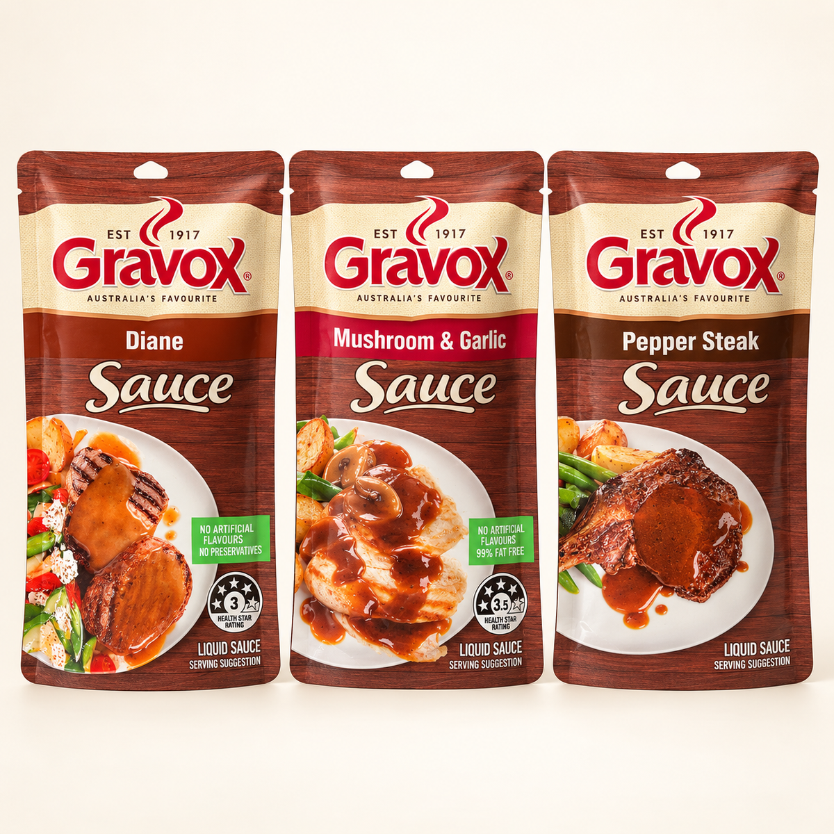 Gravox 액상 소스 3종 세트 Diane · Mushroom & Garlic · Pepper Steak (각 165g)
